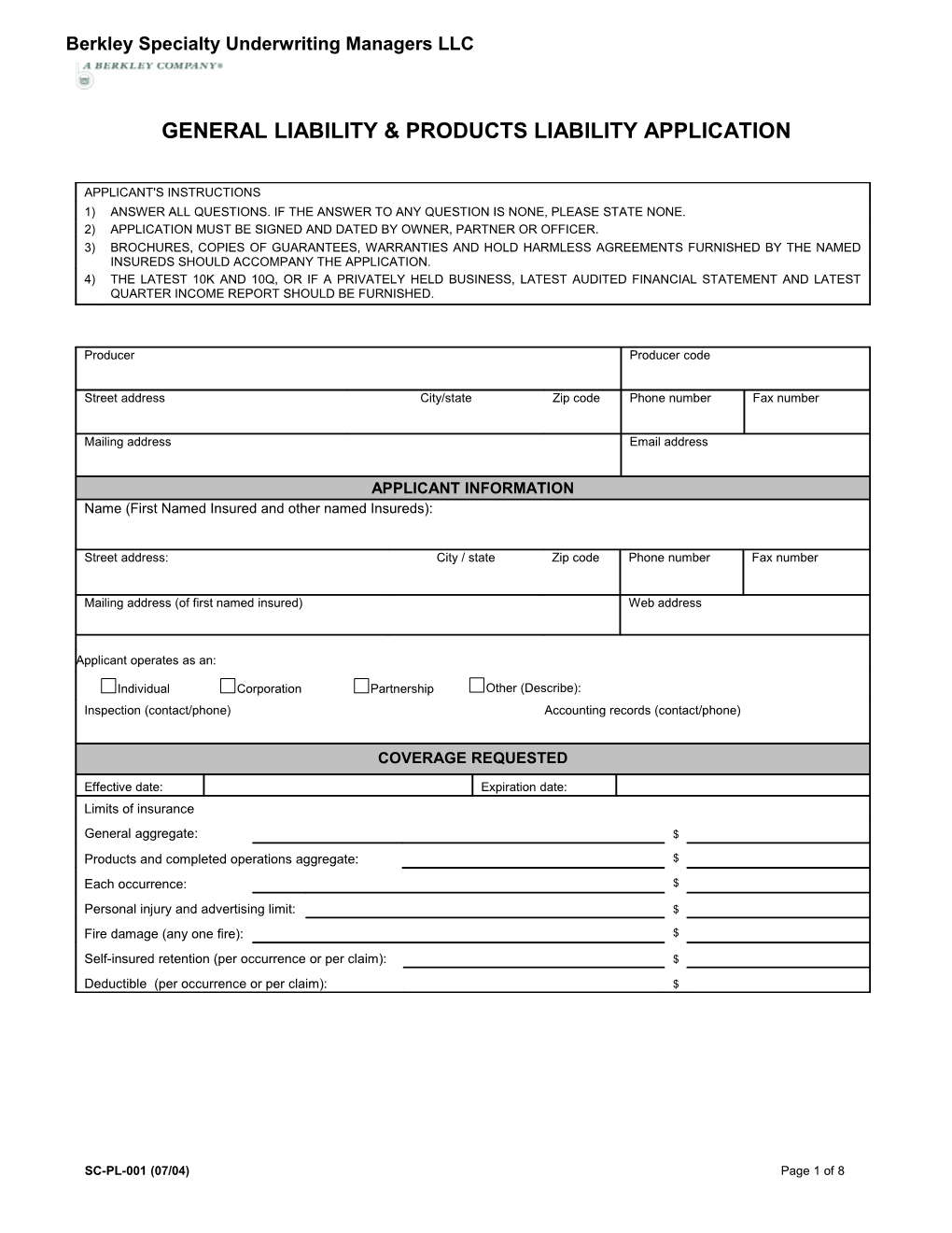 General Liability & Products Liability Application