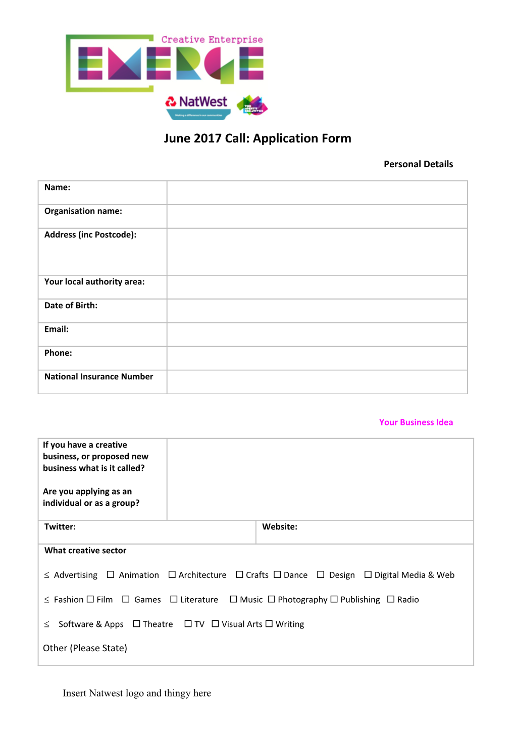 June 2017 Call: Application Form