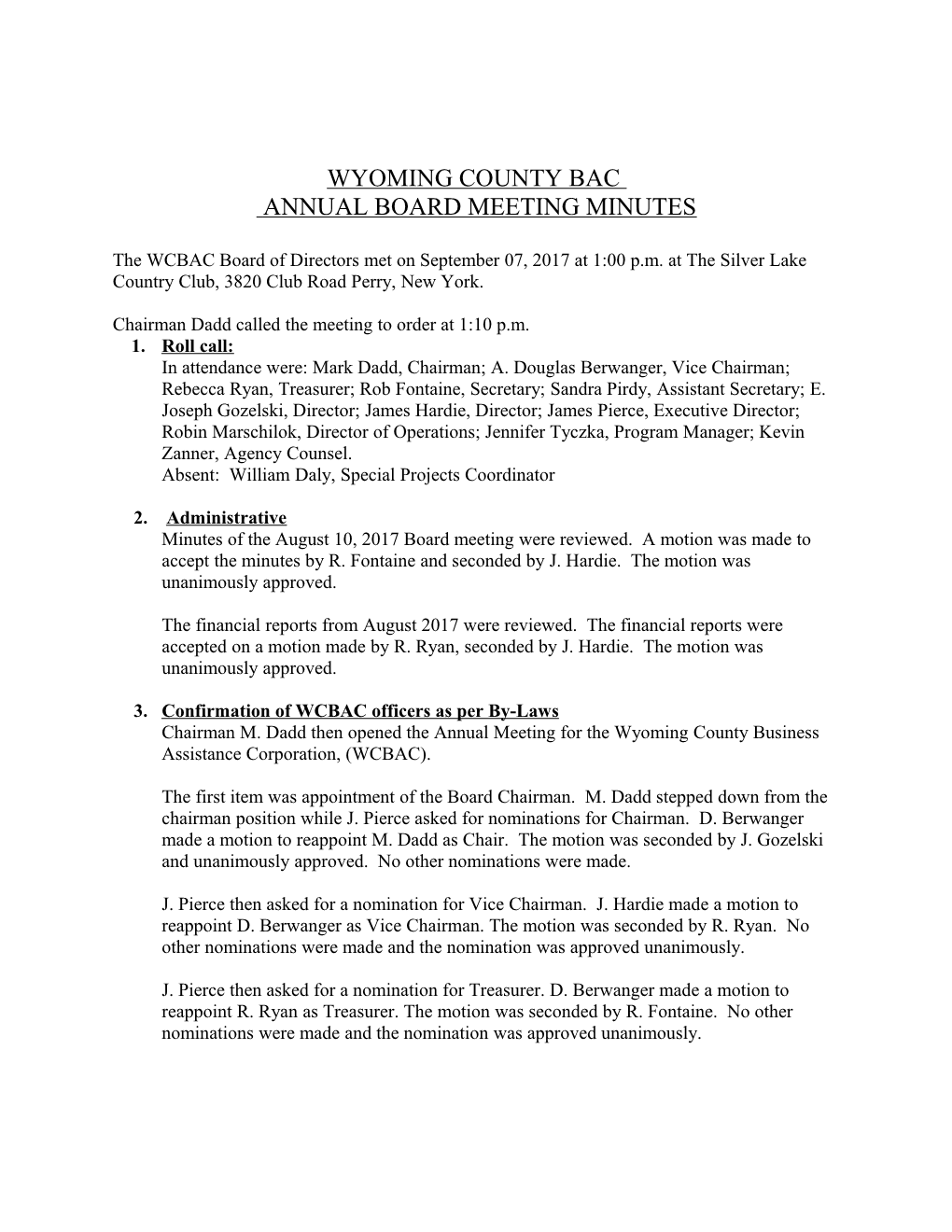 Wyoming County Ida Board Meeting Minutes