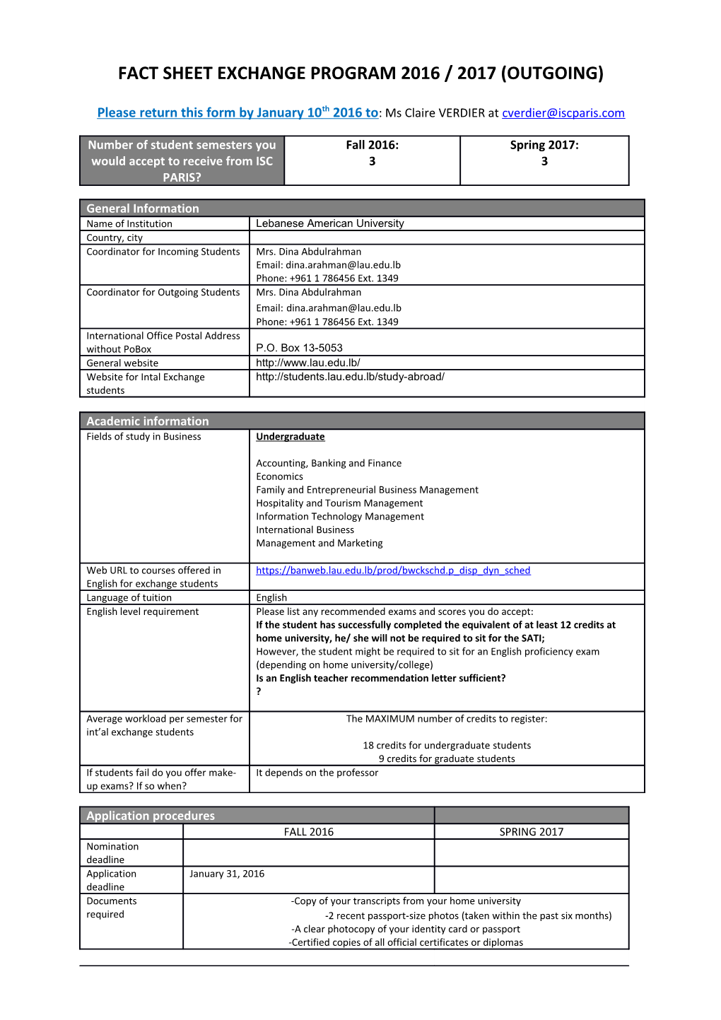 Fact Sheet Exchange Program 2016 / 2017 (Outgoing)