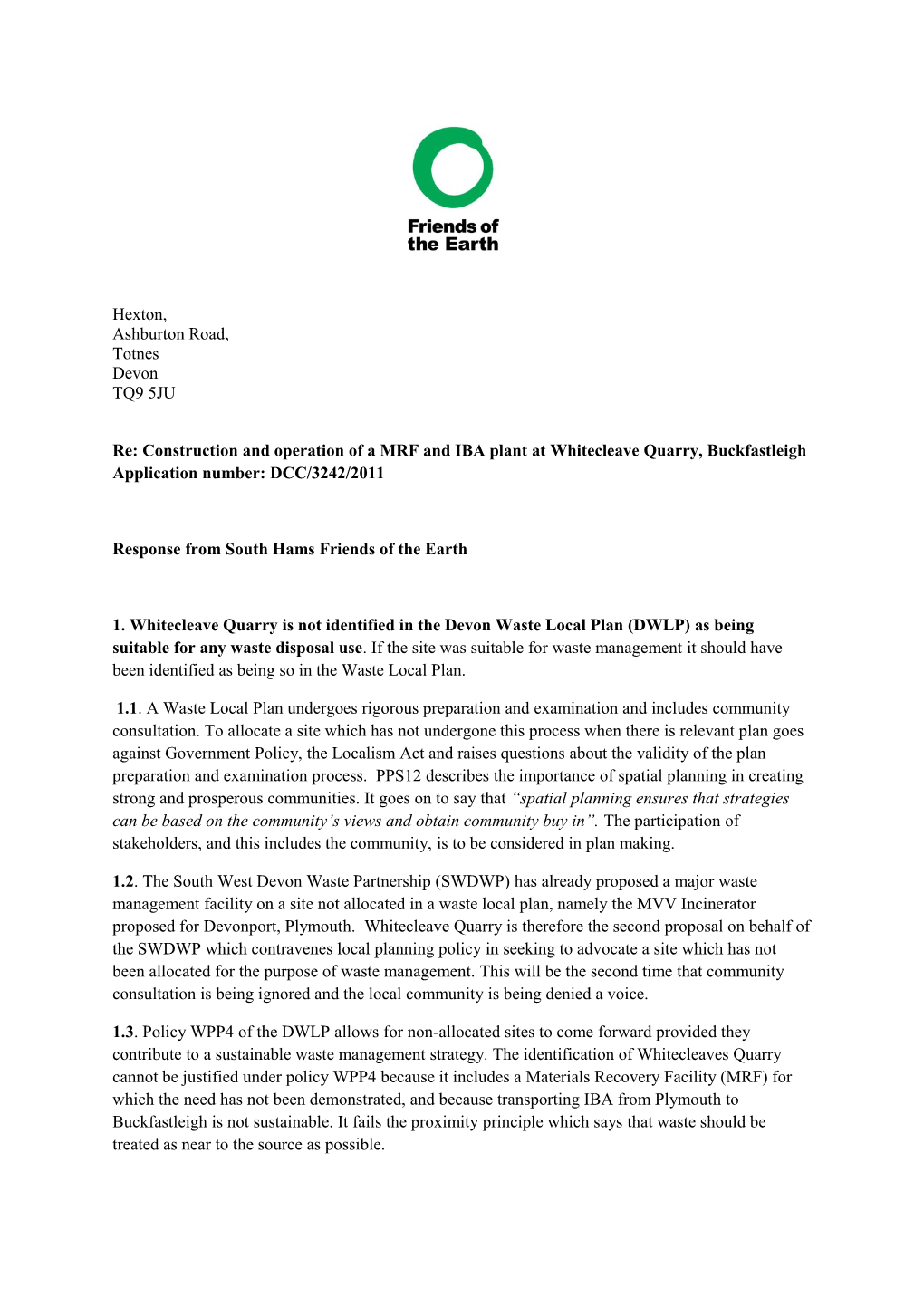 Response from South Hams Friends of the Earth