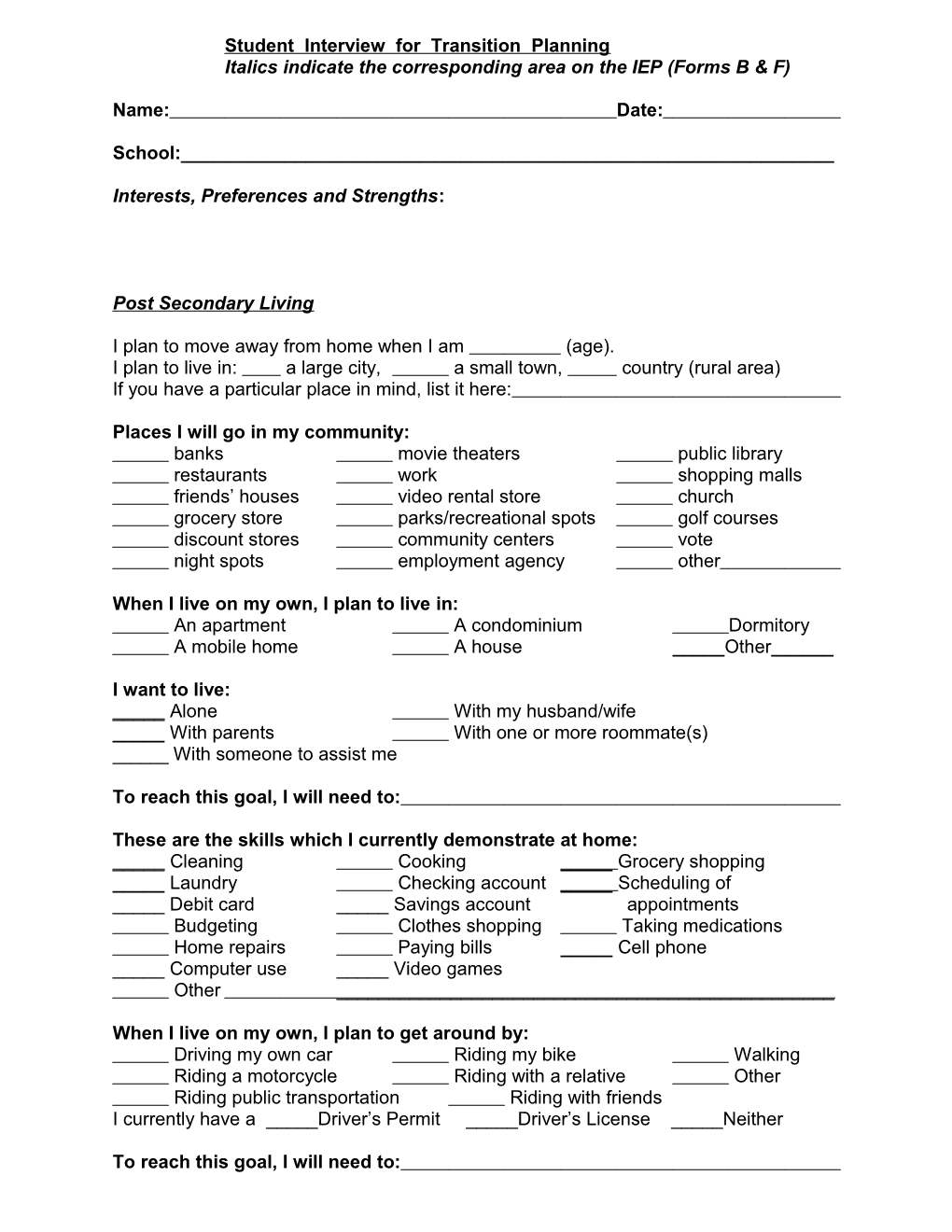 Transition Assessment for Living, Learning and Working