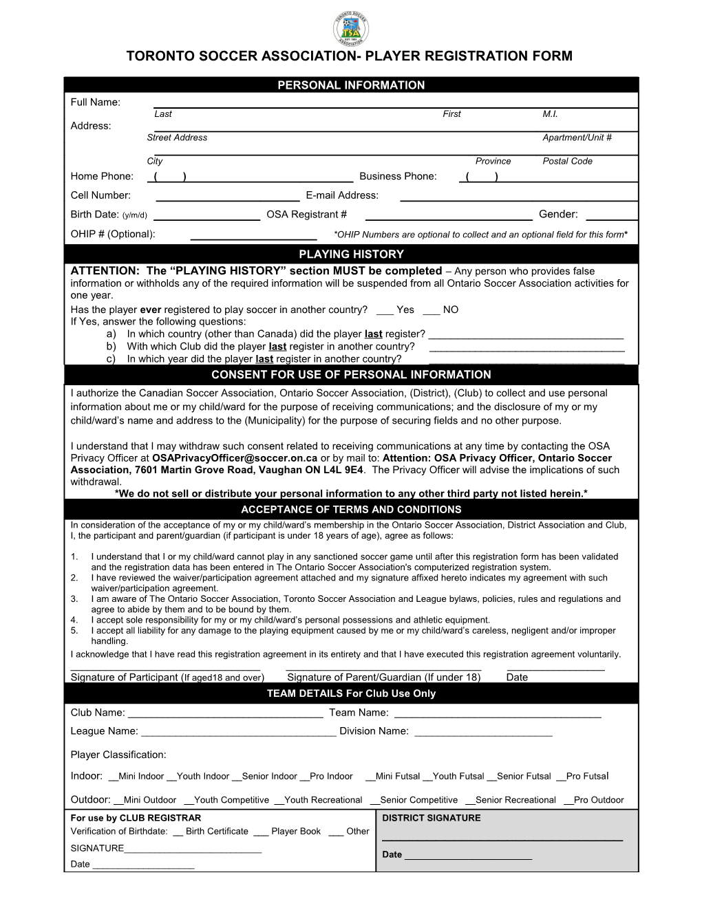 Toronto Soccer Association- Player Registration Form