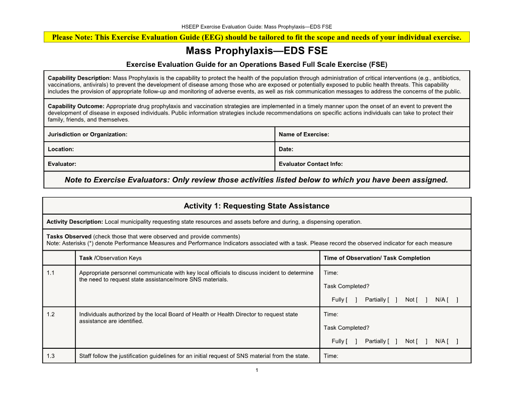 HSEEP Exercise Evaluation Guide: Mass Prophylaxis EDS FSE