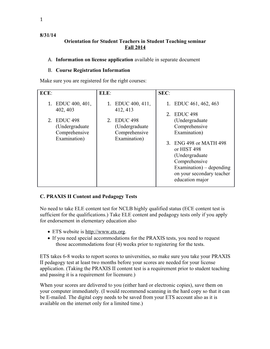 Orientation for Student Teachers in Student Teaching Seminar