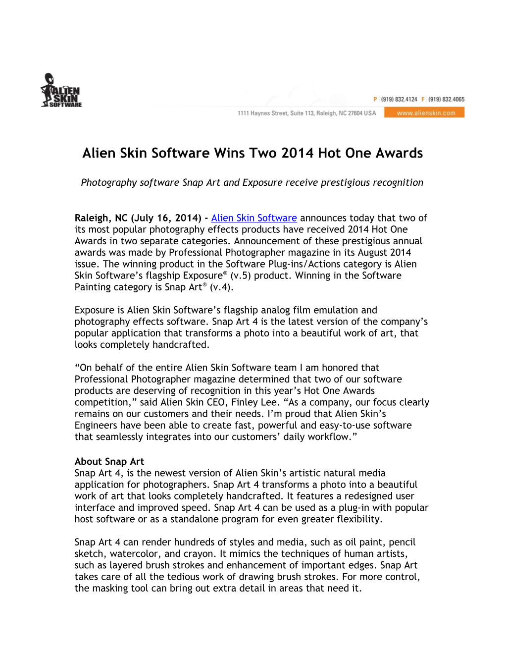 Aliens Skin Software Wins Two 2014 Hot One Awards