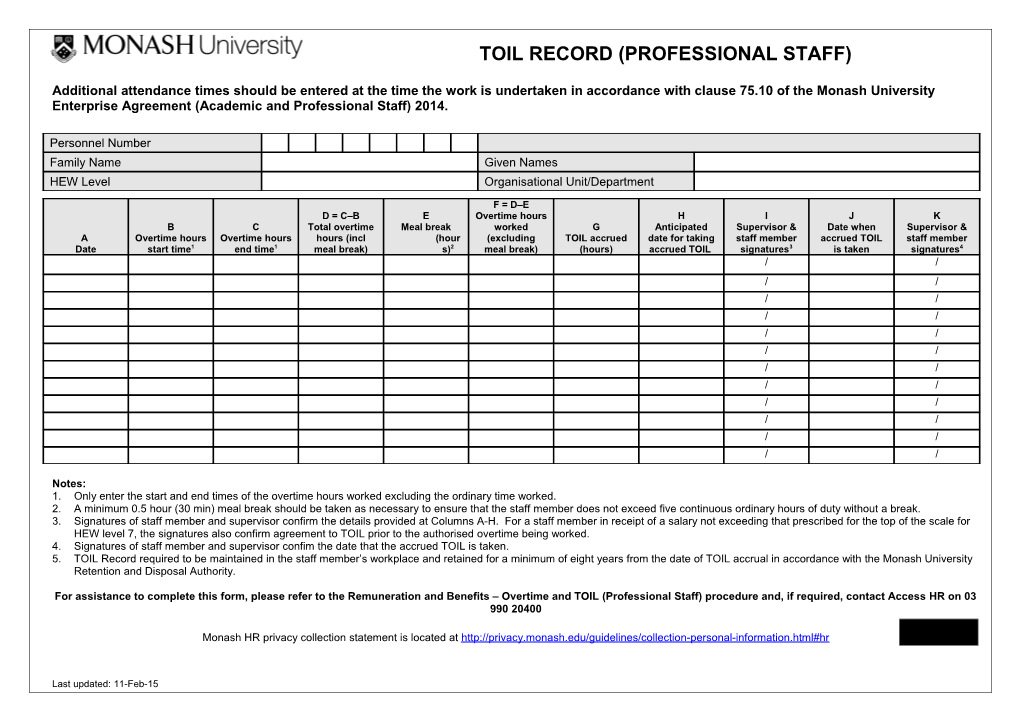 Additional Hours/Overtime Time Sheet (General Staff)