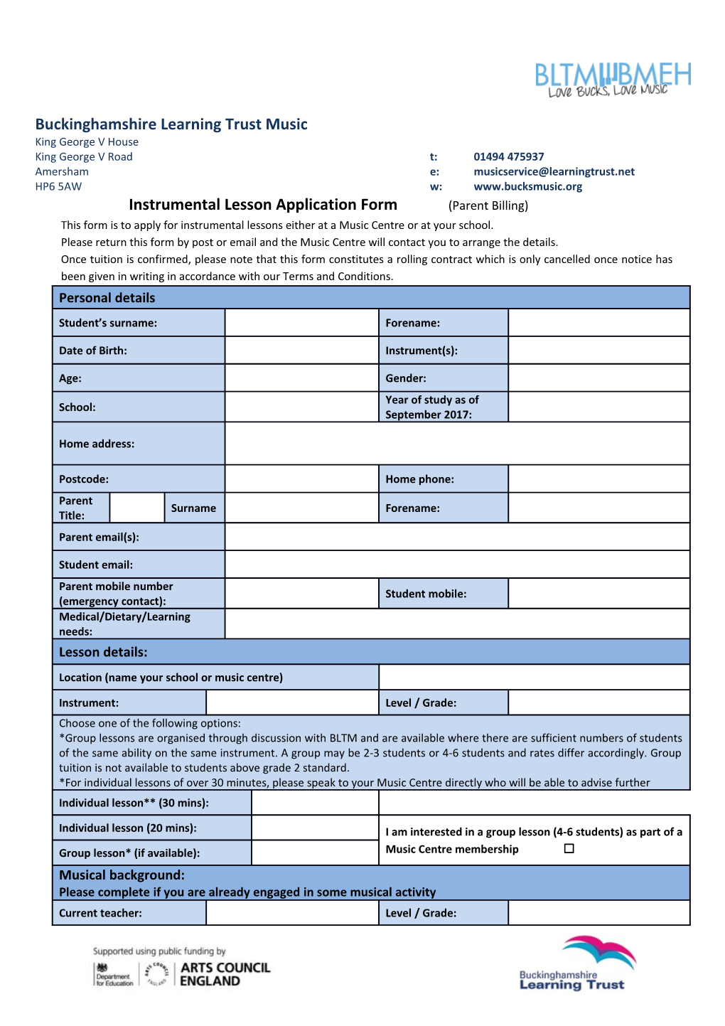 Instrumental Lessonapplication Form (Parent Billing)