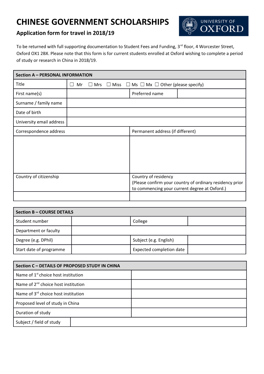 Application Form for Travel in 2018/19