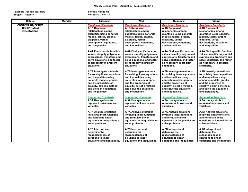 Lesson Plan Weekly