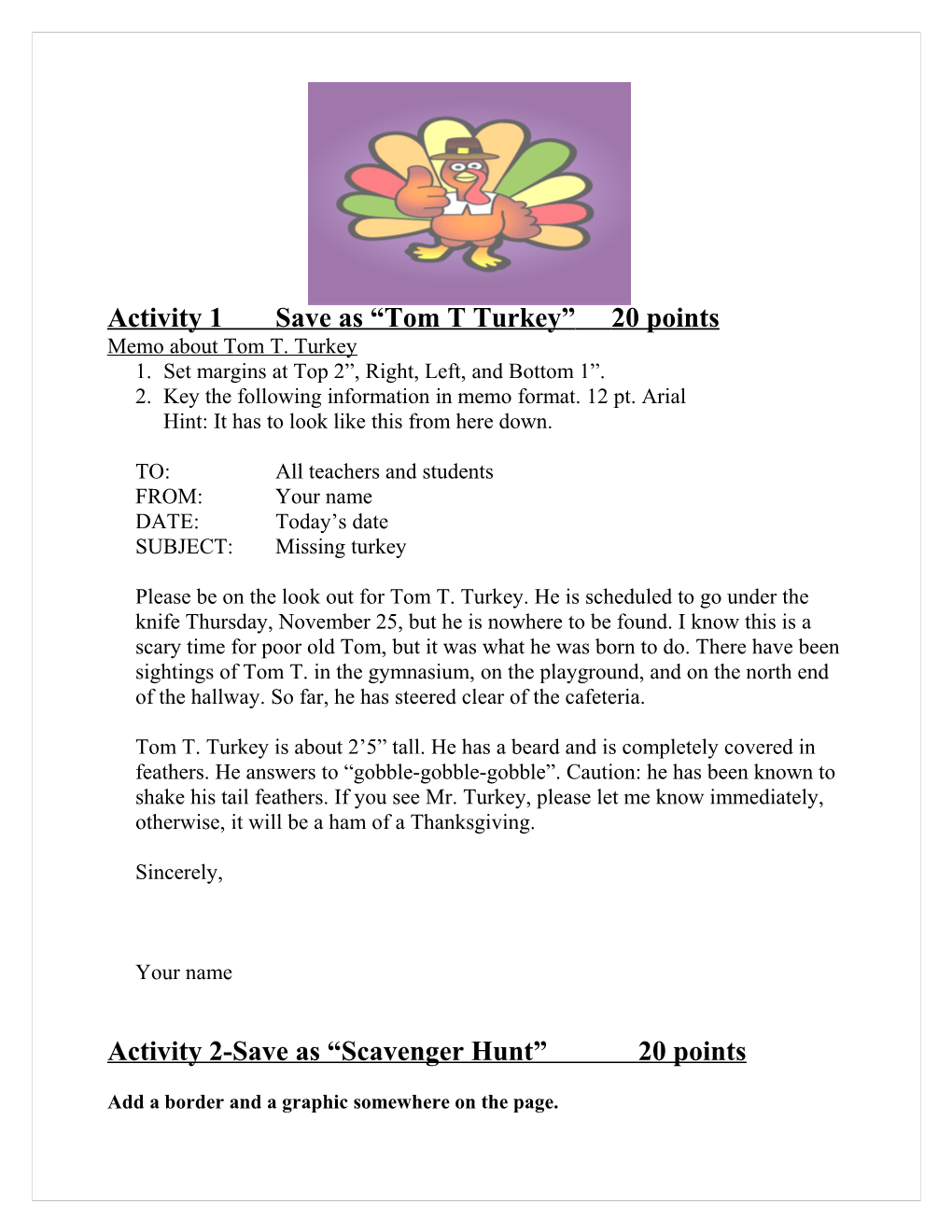Activity 1 Save As Tom T Turkey 20 Points
