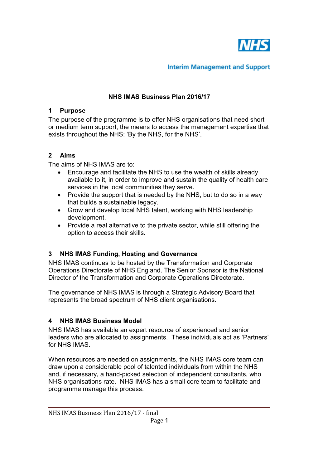 NHS IMAS Business Plan 2016/17