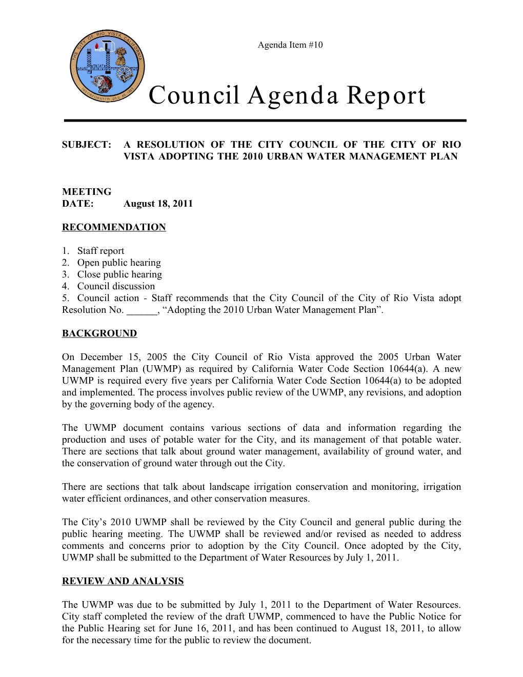 Subject:A Resolution of the City Council of the City of Riovista Adopting the 2010 Urban