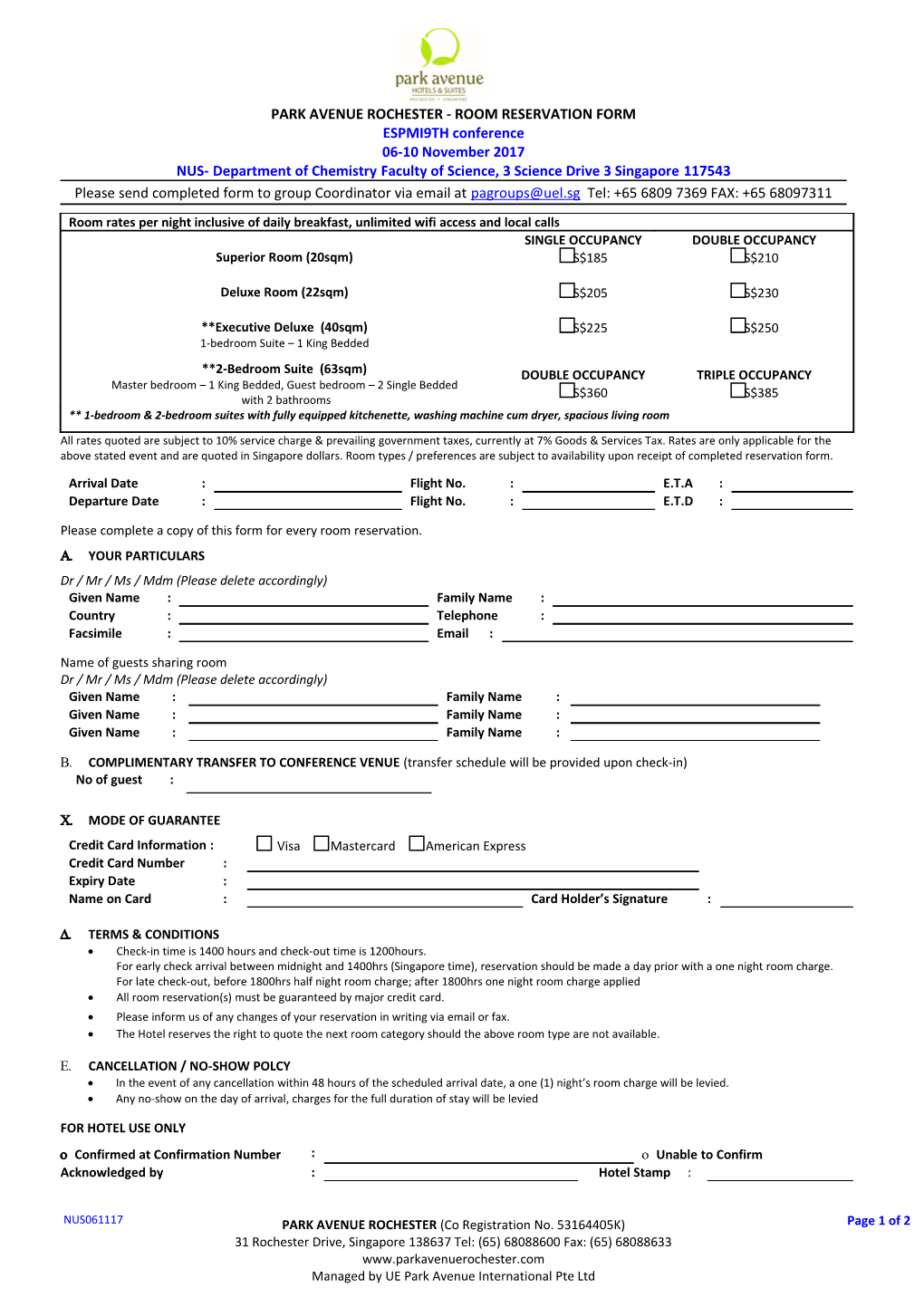 Park Avenue Rochester - Room Reservation Form
