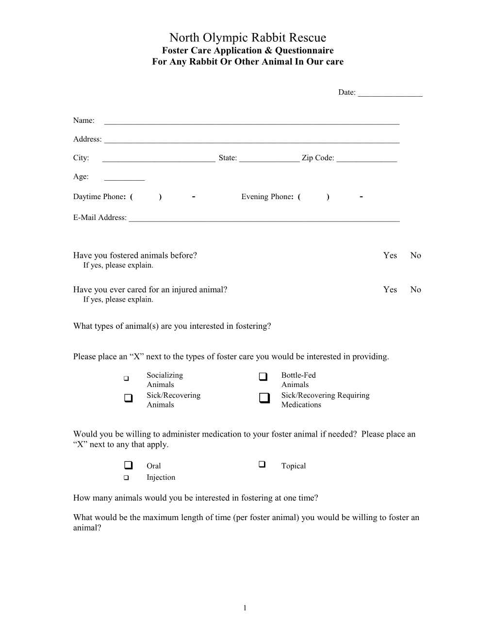 Foster Care Application & Questionnaire