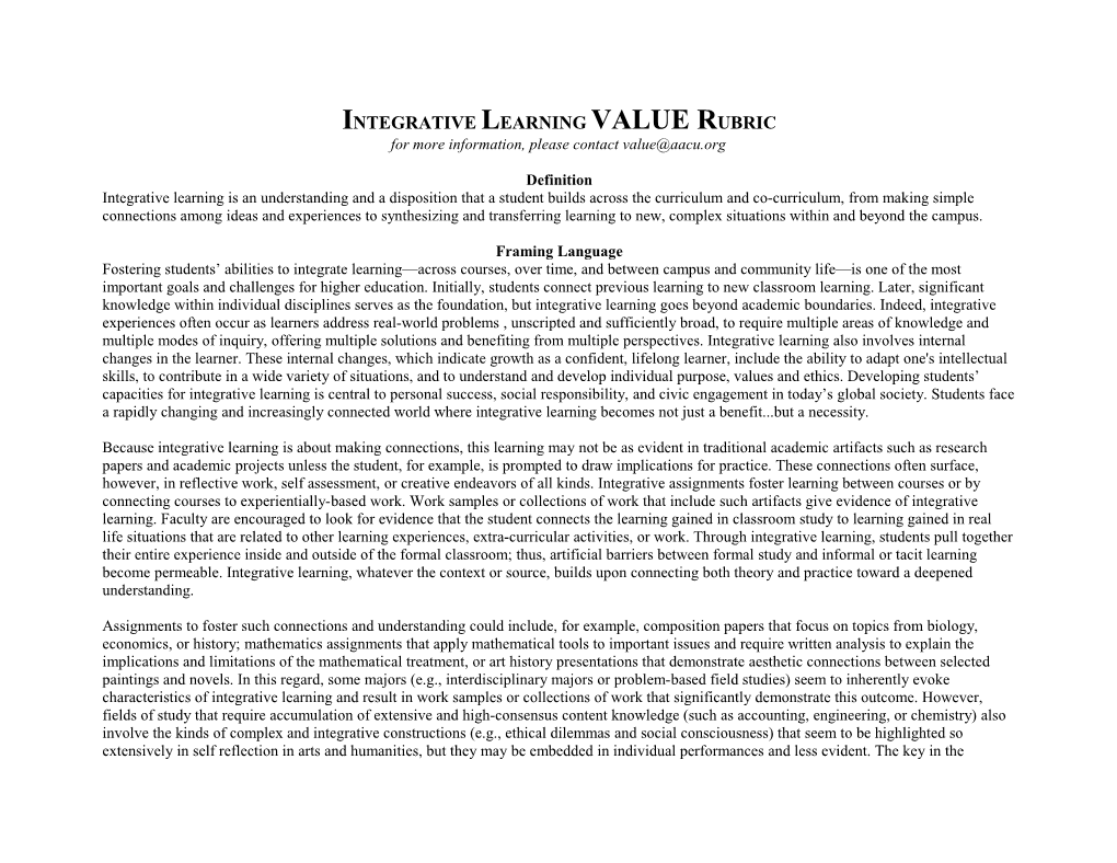 Integrative Learning Value Rubric