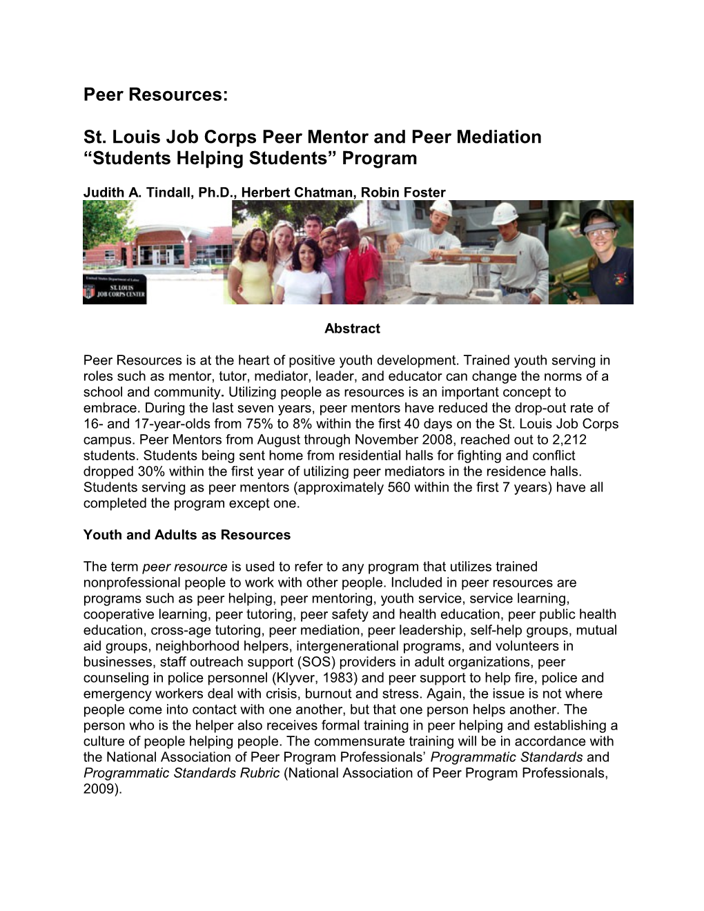 St. Louis Job Corps Peer Mentor and Peer Mediation Students Helping Students Program