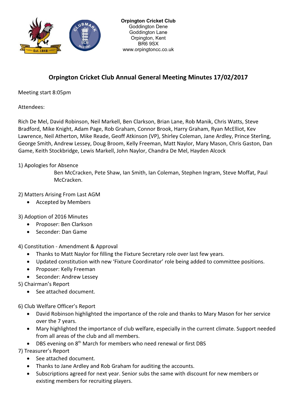 Orpington Cricket Club Annual General Meeting Minutes 17/02/2017