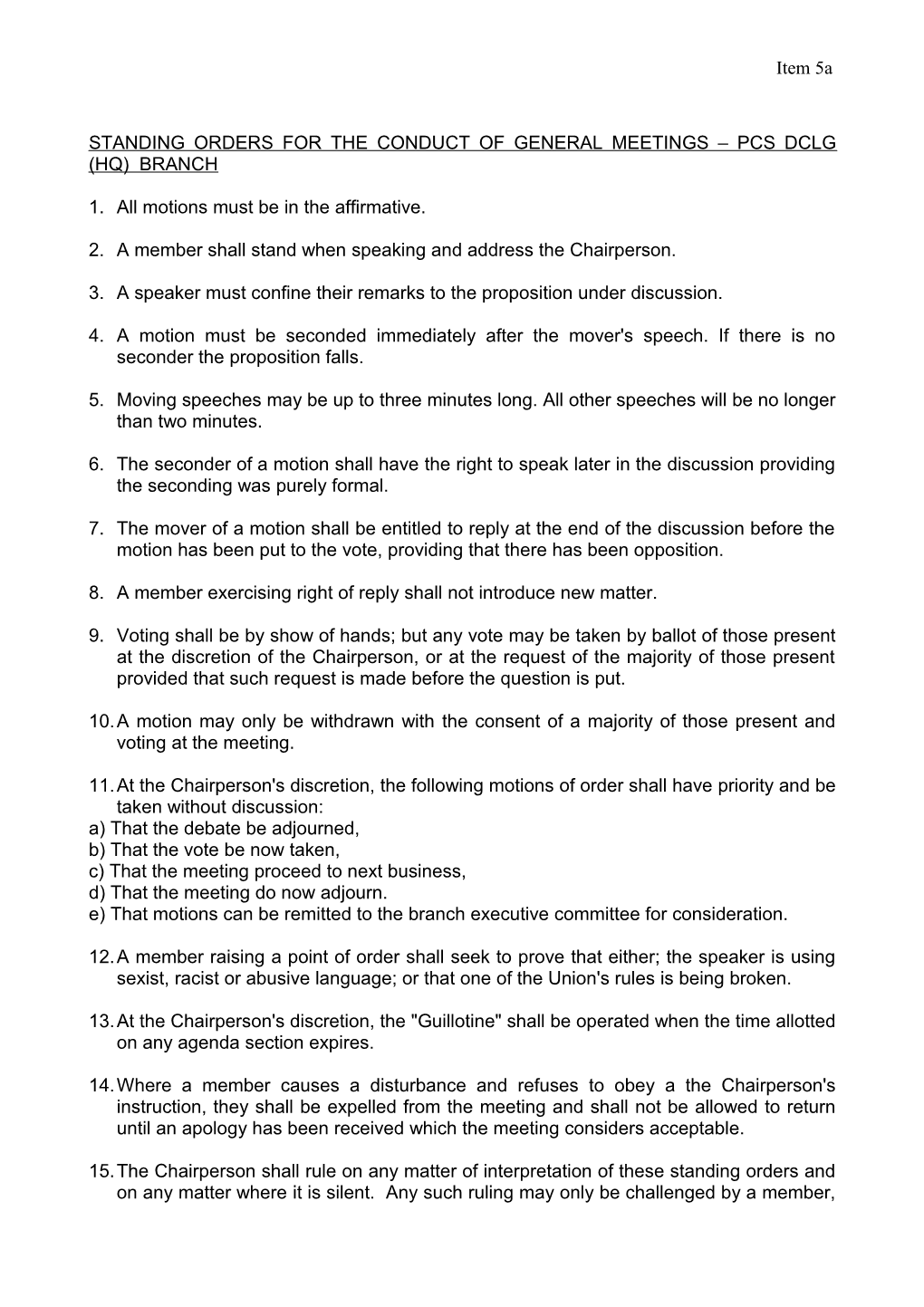 Standing Orders for the Conduct of General Meetings - Pcs Detr London Branch