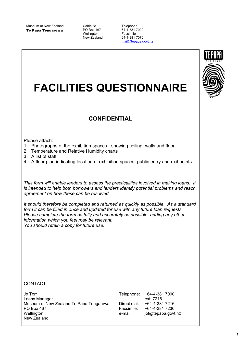 Te Papa Facilities Questionnaire