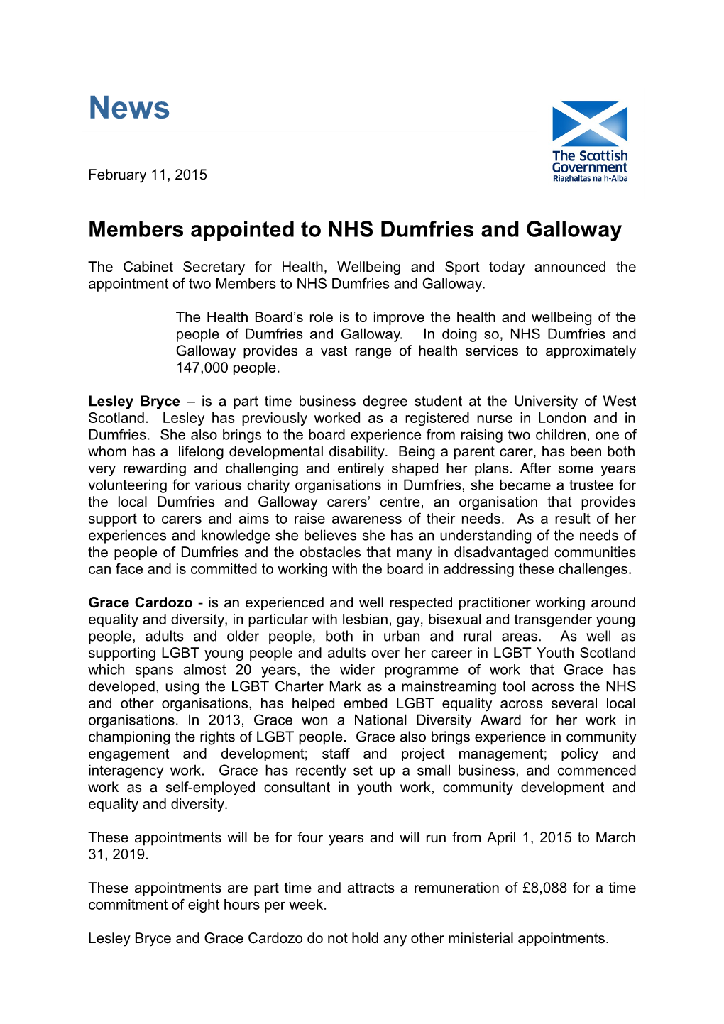 Members Appointed to NHS Dumfries and Galloway