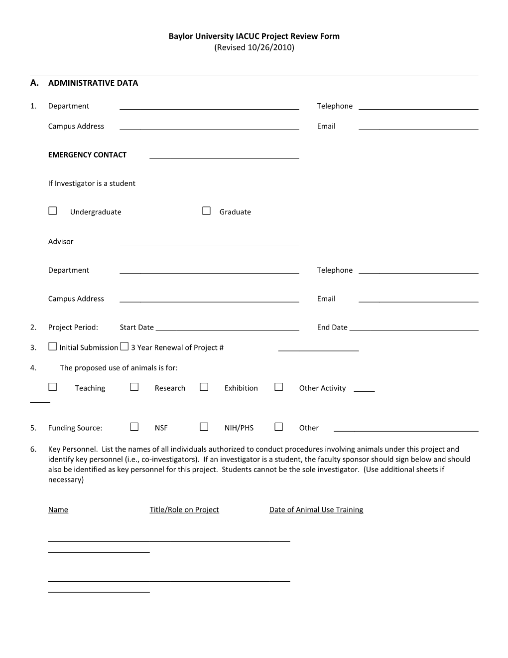 Baylor University IACUC Project Review Form