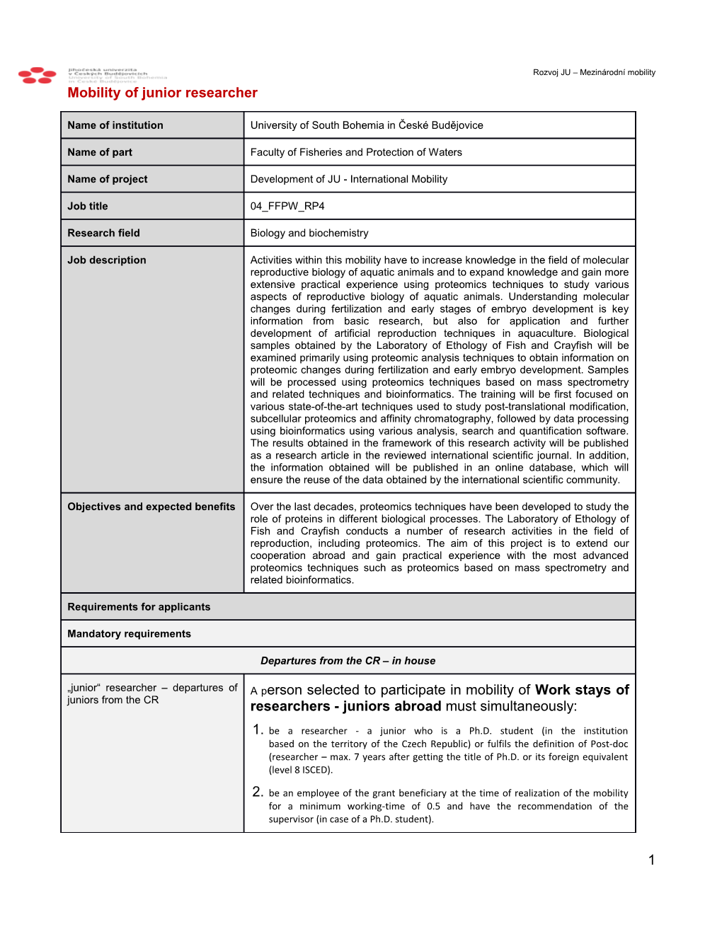 Mobility of Junior Researcher