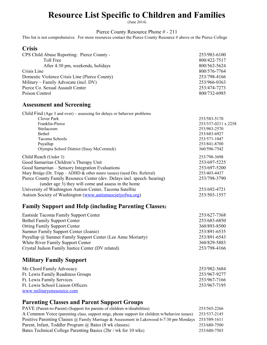 Resource List Specific to Children and Families