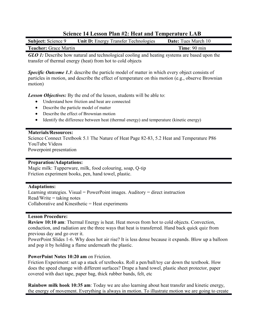 Science 14 Lesson Plan #2: Heat and Temperature LAB