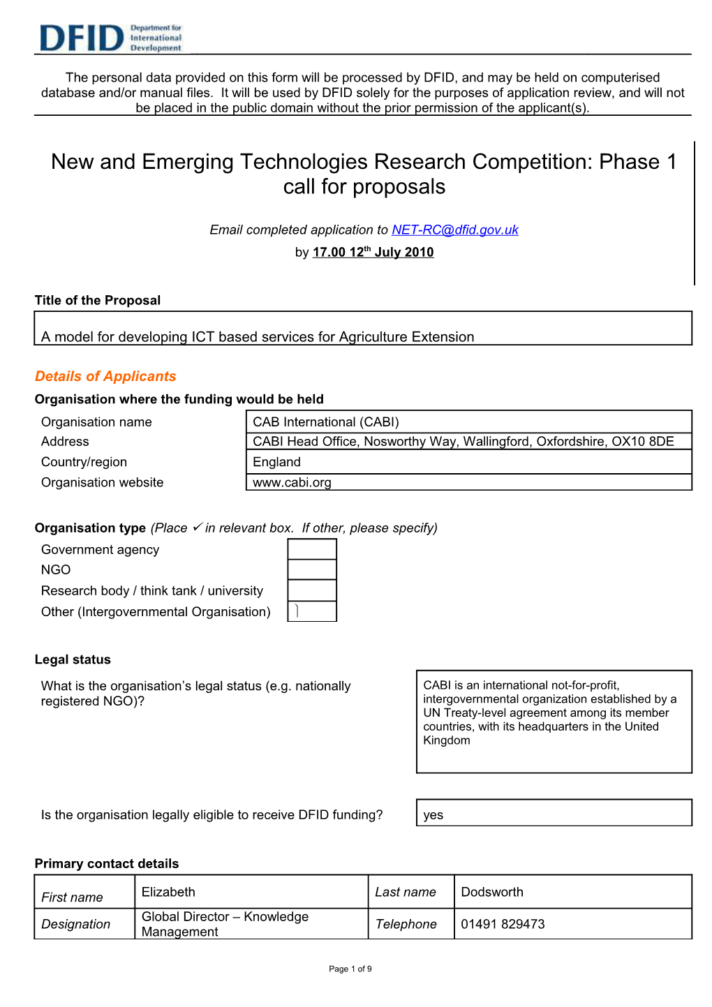 Application Form for New and Emerging Technologies Research Competition