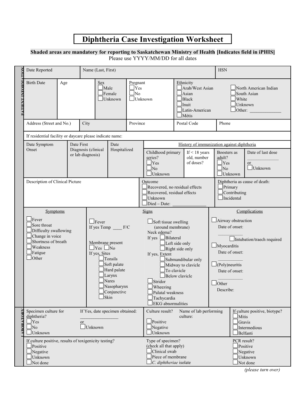 Diphtheria Case Investigation Worksheet