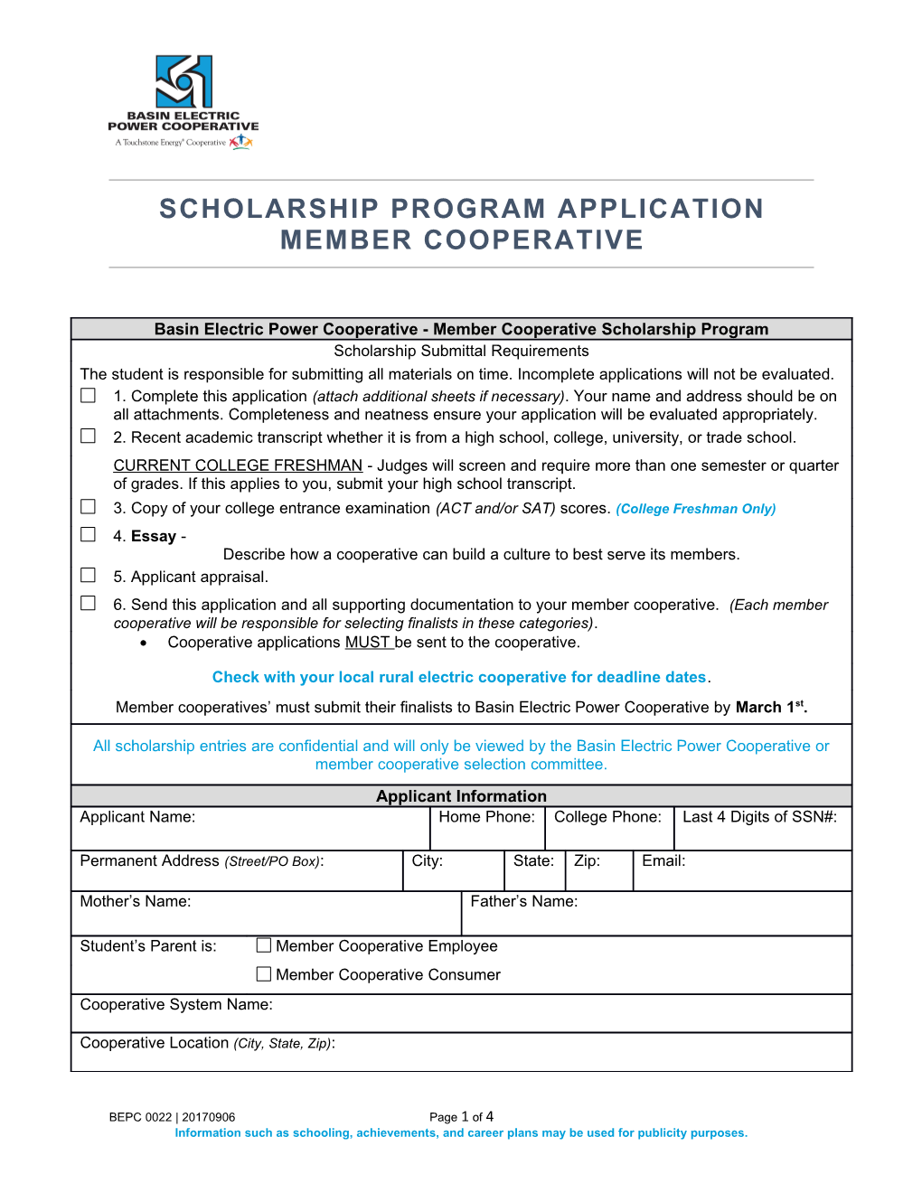 20151020 - HUM - FORM - Scholarship Program Application - Member Cooperative