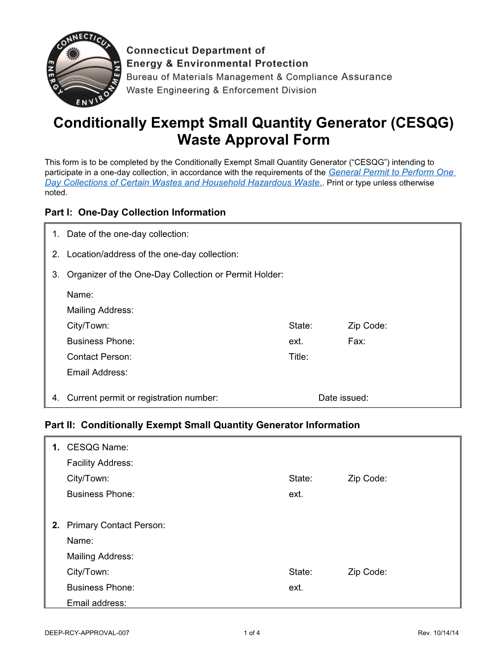 Conditionally Exempt Small Quantity Generator (CESQG) Waste Approval Form: Household Hazardous