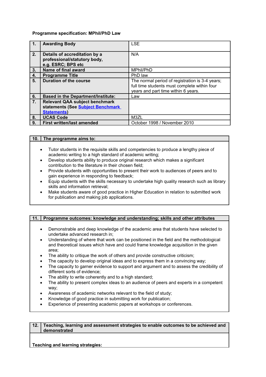 Programme Specification: Mphil/Phd Law