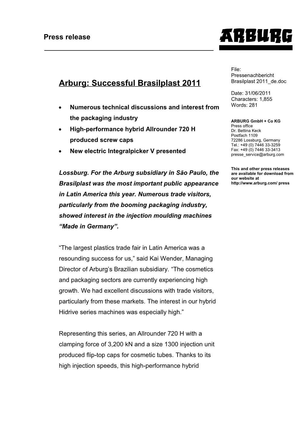 Arburg: Successful Brasilplast 2011