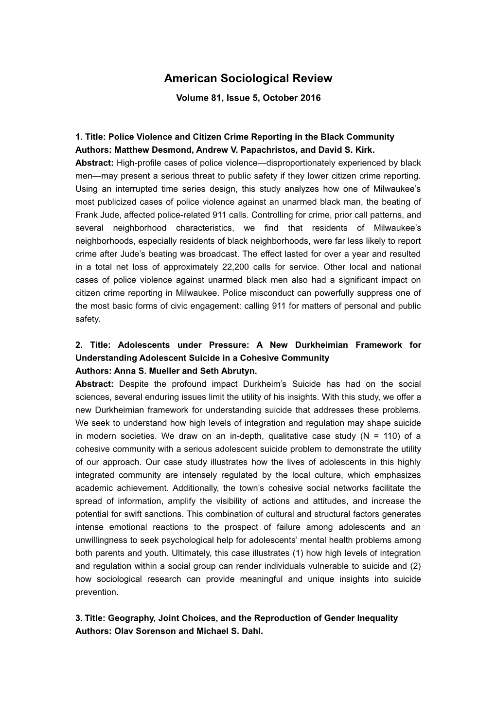 1. Title: Police Violence and Citizen Crime Reporting in the Black Community