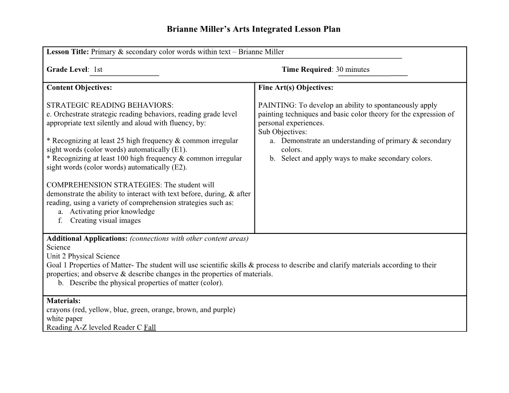 Brianne Miller S Arts Integrated Lesson Plan