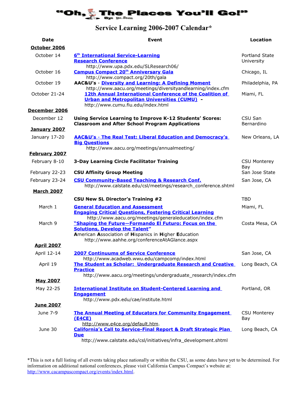 Service Learning 2006-2007 Calendar*
