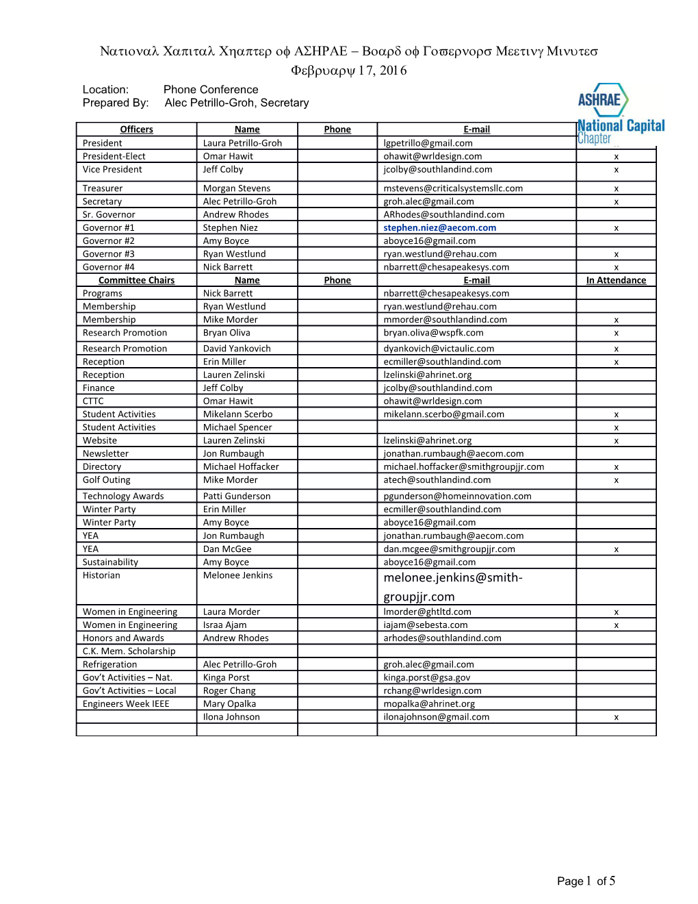 National Capital Chapter of ASHRAE - Board of Governors Meeting Minutes