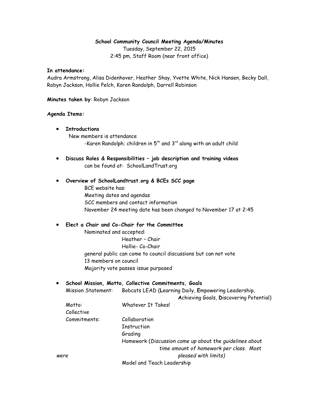 School Community Council Meeting Agenda/Minutes