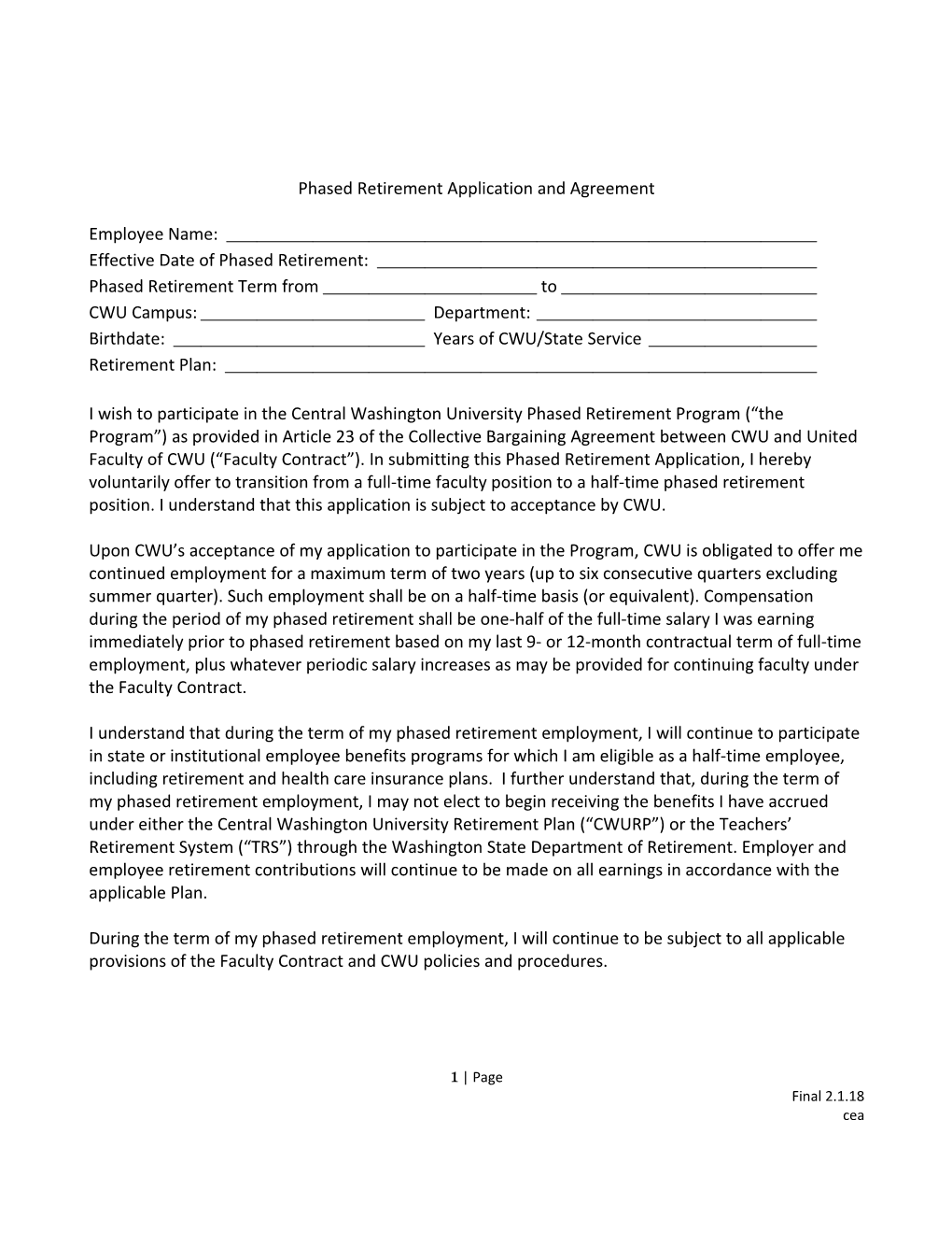 Phased Retirement Application and Agreement