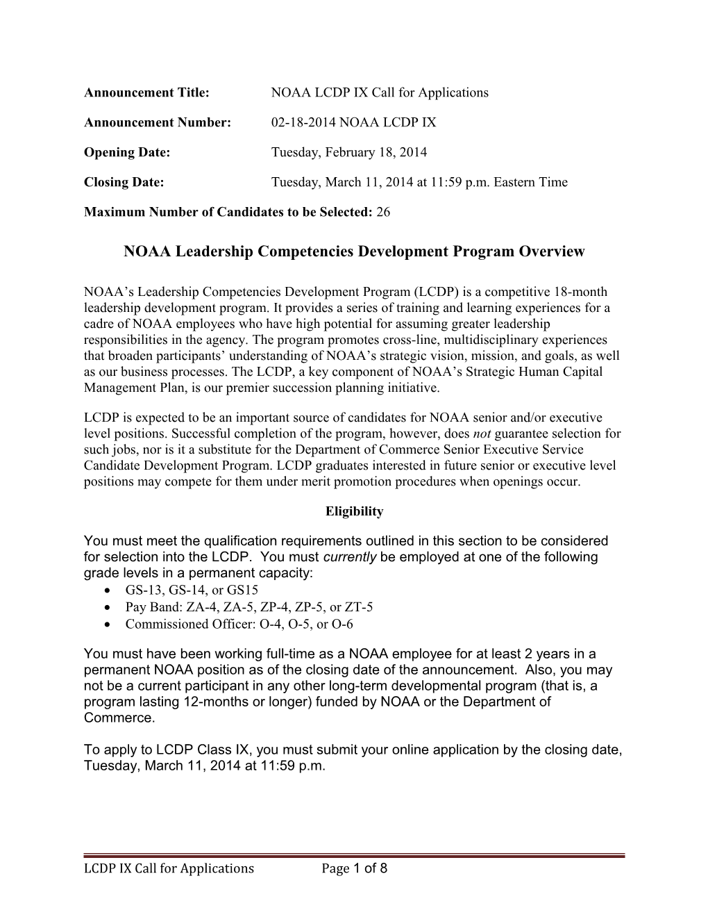 Announcement Title: NOAA LCDP IX Call for Applications