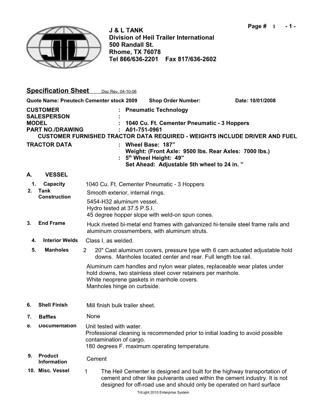 Specification Sheet Doc Rev. 04-10-06