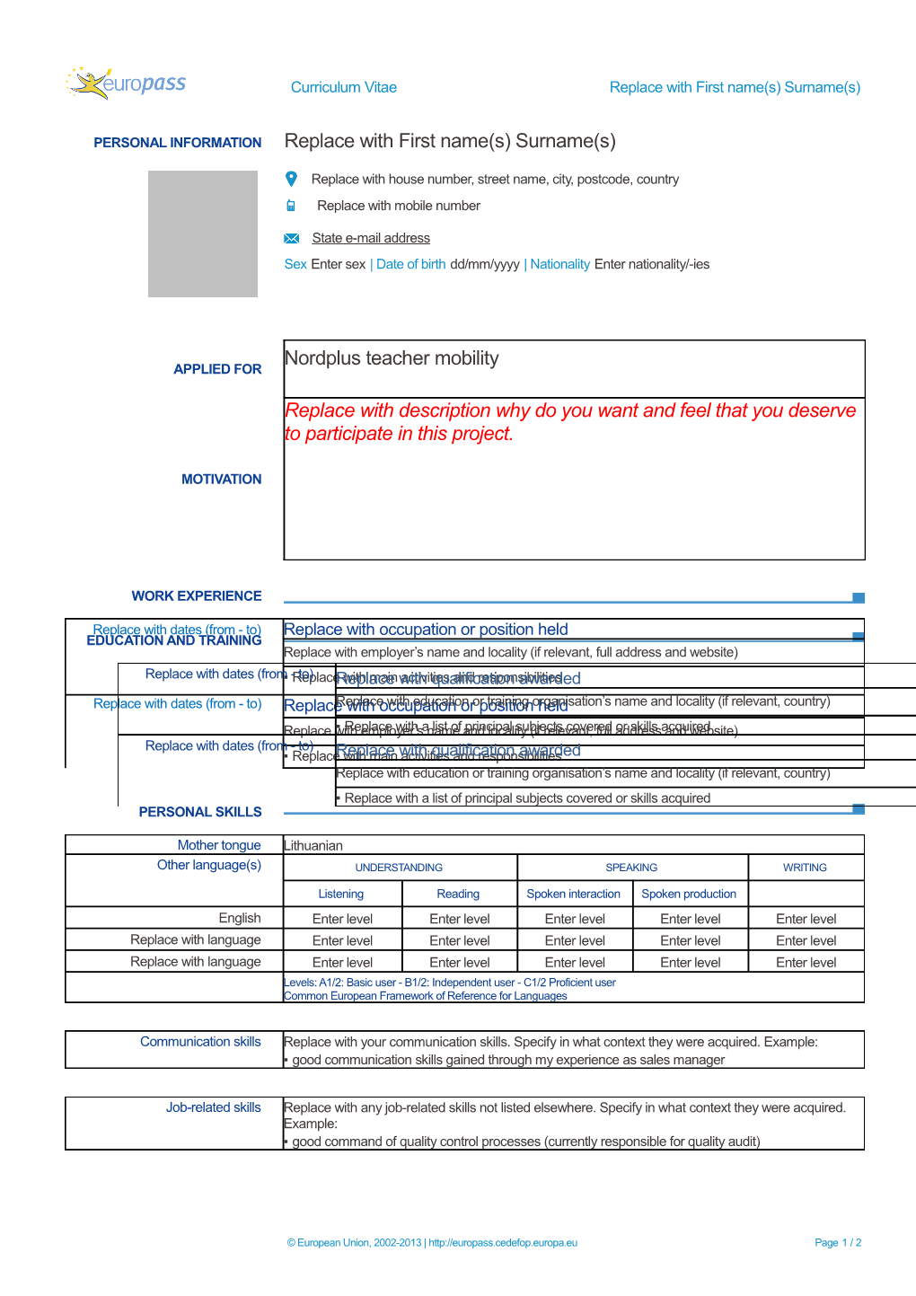 Curriculum Vitae Replace with First Name(S) Surname(S)