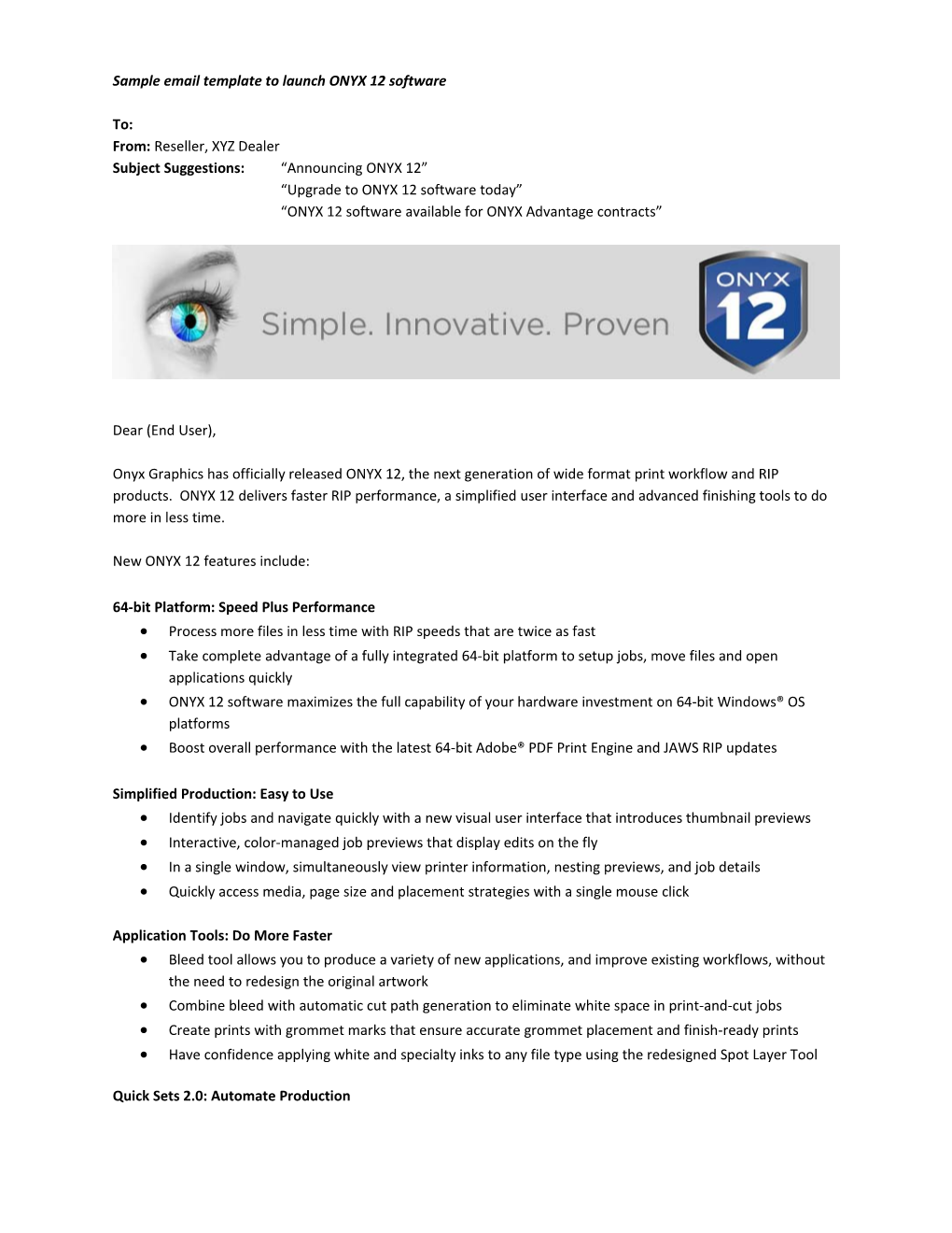 Sample Email Template to Launch ONYX 12 Software