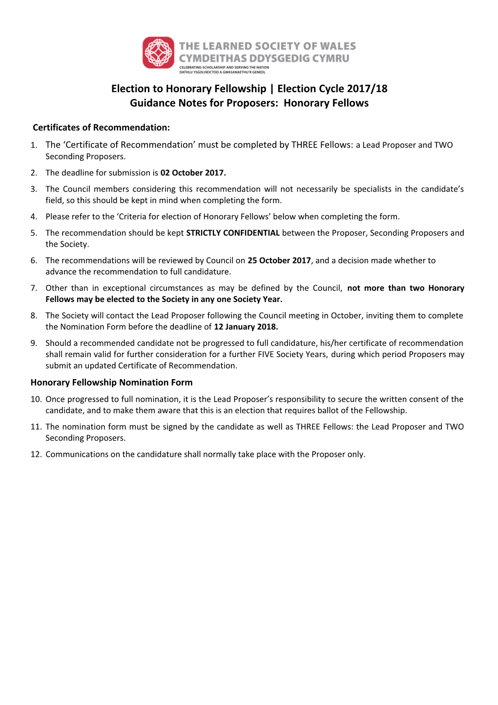 Election to Honorary Fellowship Election Cycle 2017/18