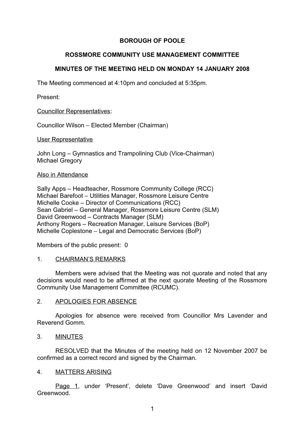 Minutes - Rossmore Community Use Management Committee - 14 January 2008