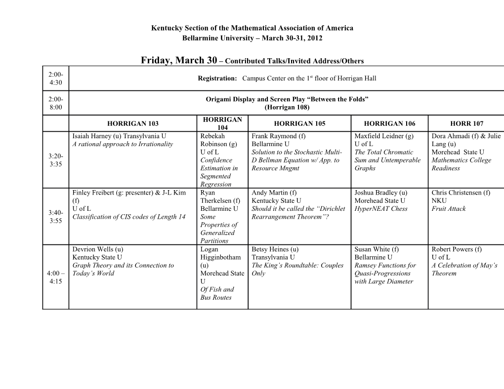 Kentucky Section of the Mathematical Association of America Bellarmine University March