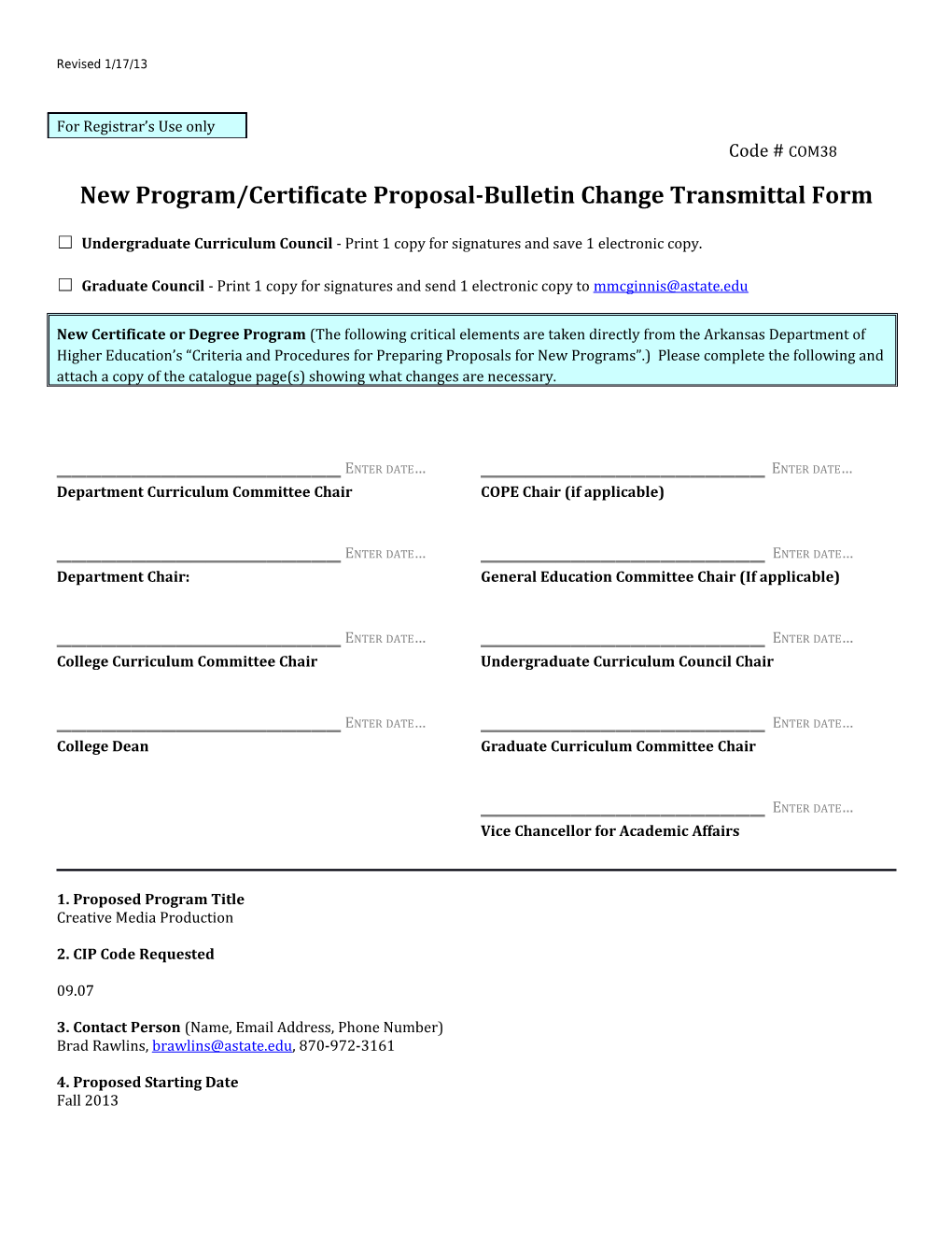 New Program/Certificate Proposal-Bulletin Change Transmittal Form