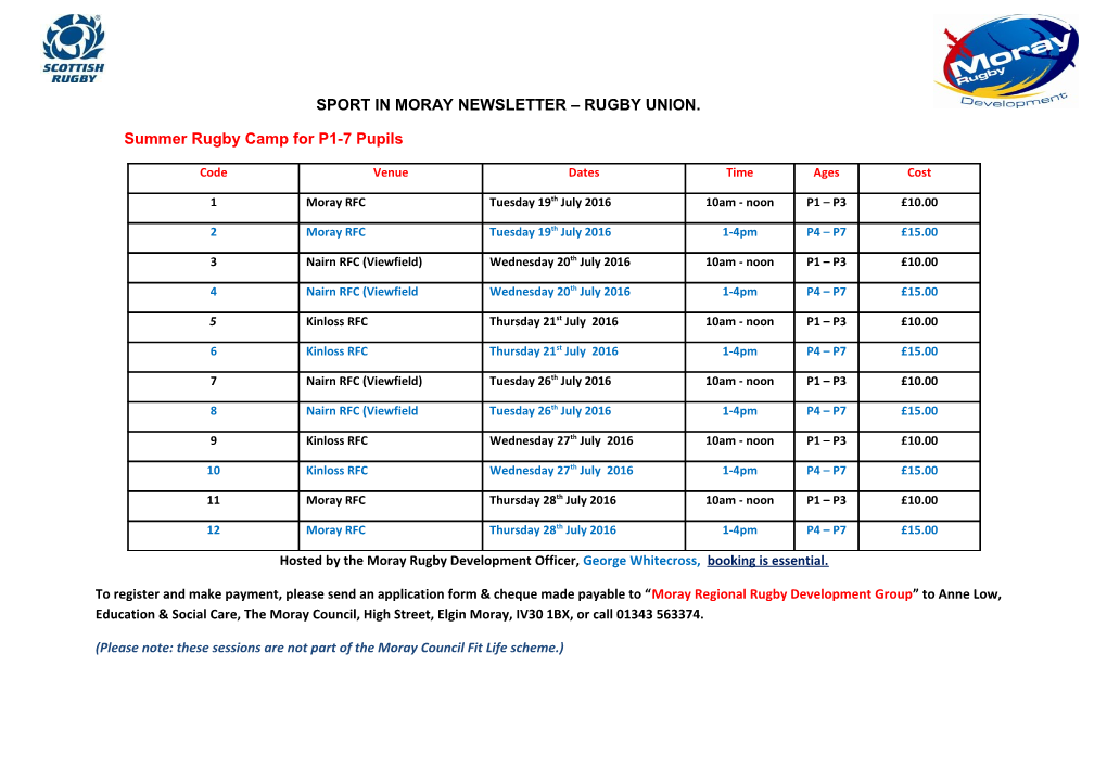 Summer Rugby Camp for P1-7 Pupils